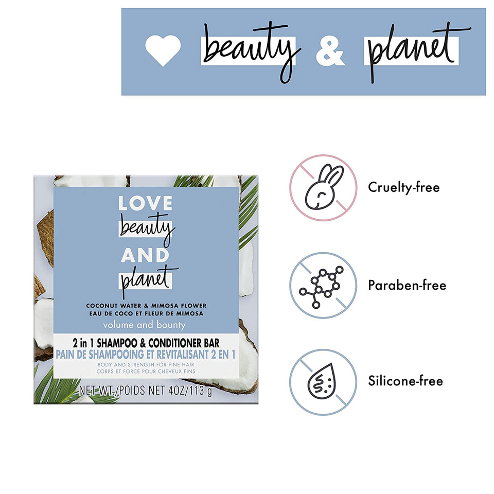 Love Beauty And Planet Volume and Bounty 2 in 1 Shampoo and Conditioner Bar for Thinning Hair Coconut Water & Mimosa Flower Body and Strength 4.0 oz