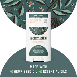 Schmidt's Aluminum Free Natural Deodorant for Women and Men, Hemp Seed Oil & Sage for Sensitive Skin with 24 Hour Odor Protection, Vegan, Cruelty Free 3.25 oz