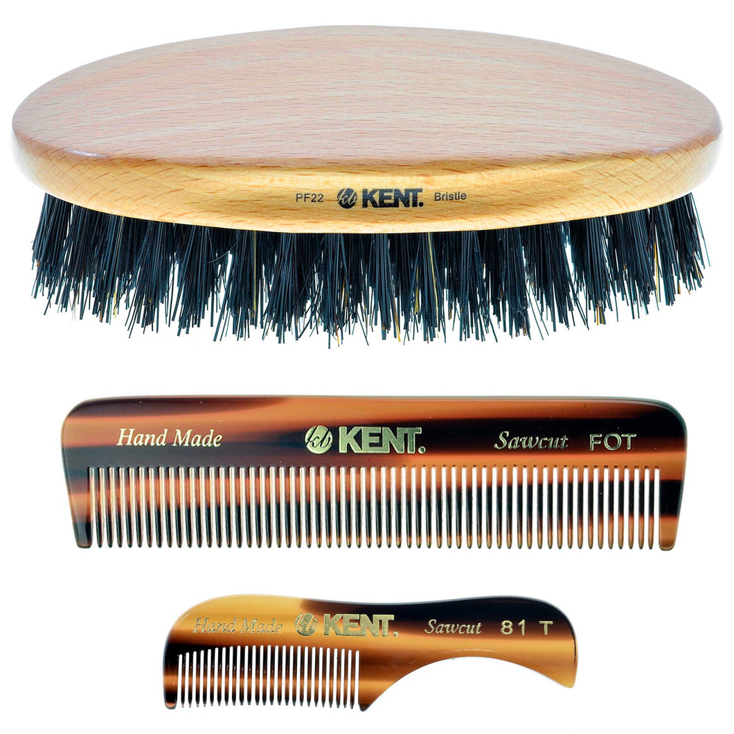 Kent Set of Combs, 81T Small Beard and Mustache Comb, FOT All Fine Pocket Comb, and PF22 Hair Brush and Beard Bruh, Best Beard and Mustache Grooming Kit for Travel and Home Beard Care, Made in England