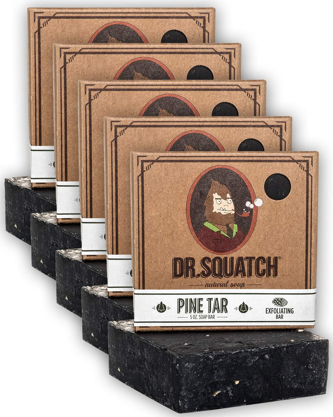 Dr. Squatch Pine Tar Soap 5-Pack Bundle – Mens Bar with Natural Woodsy Scent and Skin Exfoliating Scrub – Handmade with Pine, Coconut, Olive Organic Oils in USA (5 Bar Set)