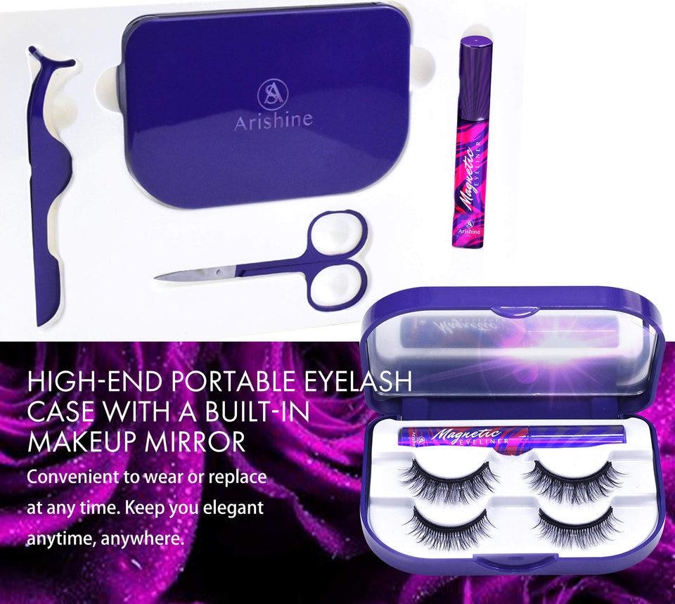 Arishine 3D 5D Magnetic Eyelashes with Eyeliner Kit, 10-Pair Reusable Fluffy Magnetic Lashes, 2 Pair Natural magnetic Eyelashes with 2 Tubes of Magnetic Eyeliner with Scissors Tweezers & Mirror Case