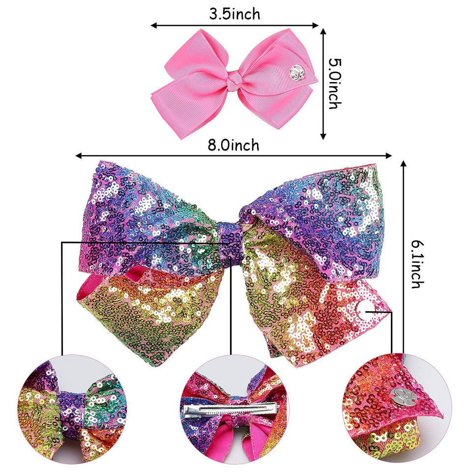 PANTIDE 8Pcs JOJO Bow Hair Clips- 8 Inch Large Sparkly Glitter Sequin Hair Bows and 5 Inch Rainbow Unicorn Grosgrain Ribbon Hair Bows, Alligator Hair Clips Hair Barrettes Accessories with Gift Bag