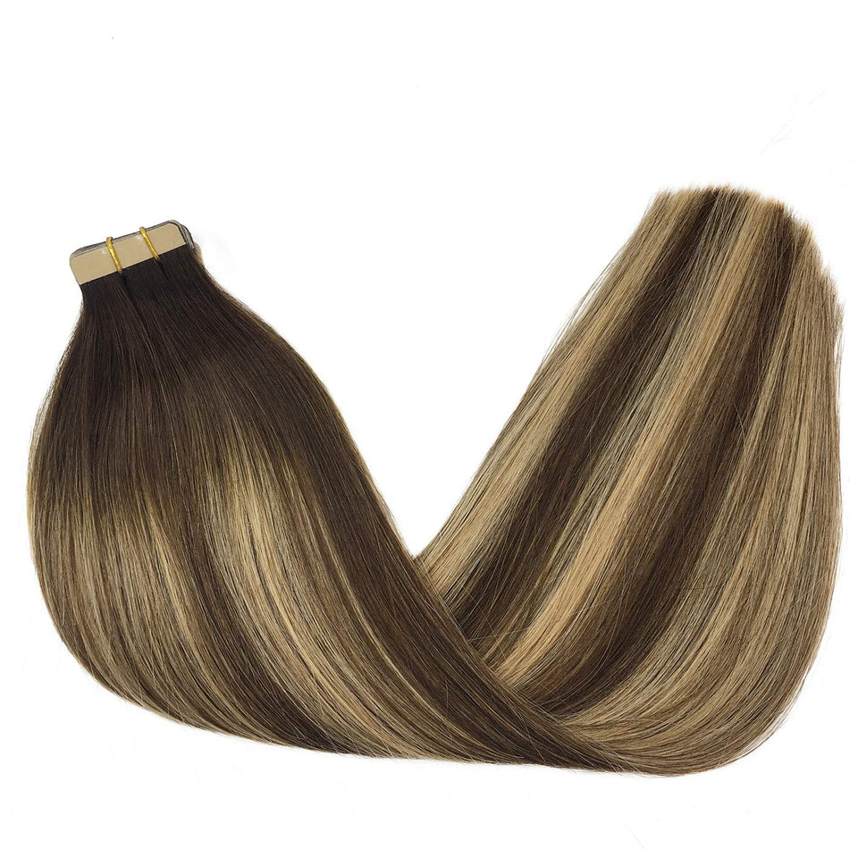 GOO GOO 14 Inch Tape in Hair Extensions Chocolate Brown to Honey Blonde 20pcs 50g Remy Hair Extensions Human Hair Balayage Natural Real Hair Extensions for Women