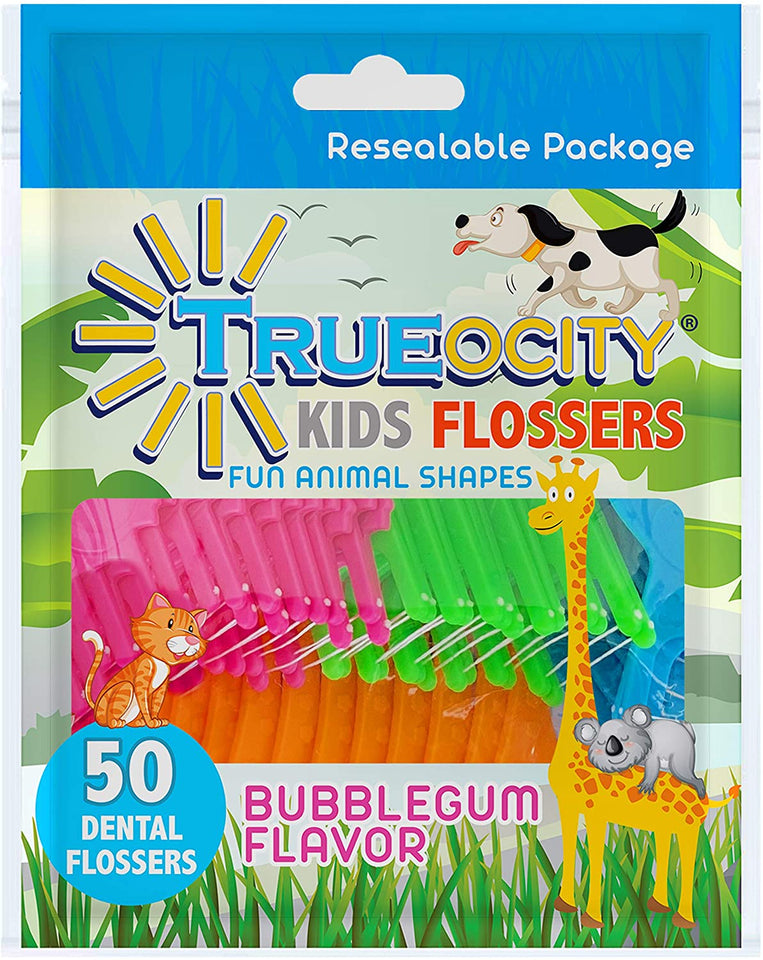 Trueocity Kids Dental Flossers 4 Pack (200 Total), Cute Animal Shapes Makes Flossing Fun, Dental Floss Glides Easy Between Teeth, Flosser Helps Prevent Tooth Decay & Gum Disease, Bubble Gum Flavored