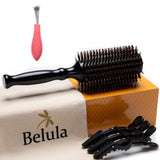 Boar Bristle Round Brush for Blow Drying Set. Round Hair Brush With Large 2.7” Wooden Barrel. Hairbrush Ideal to Add Volume and Body. Free 3 x Hair Clips & Travel Bag.