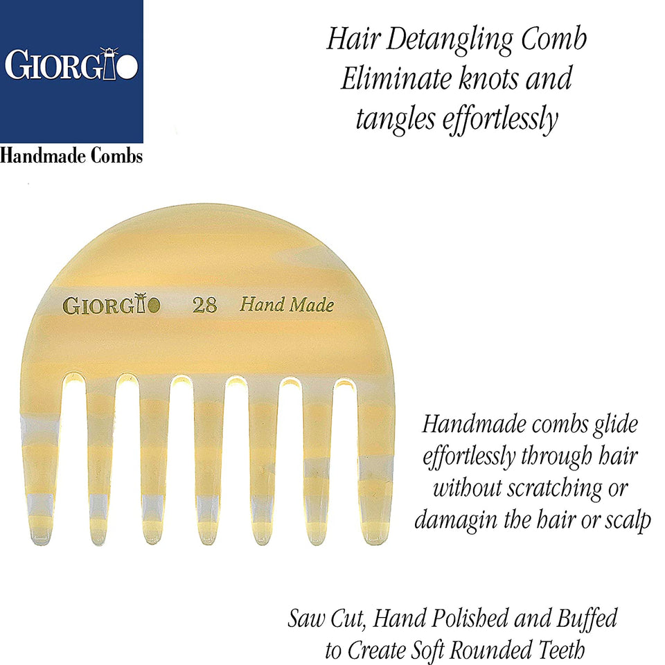 Giorgio G28 Small Travel Purse Hair Detangling Comb, Wide Teeth Pocket Comb for Thick Curly Wavy Hair. Hair Detangler Comb For Wet and Dry Everyday Care. Handmade of Cellulose, Saw-Cut Hand Polished