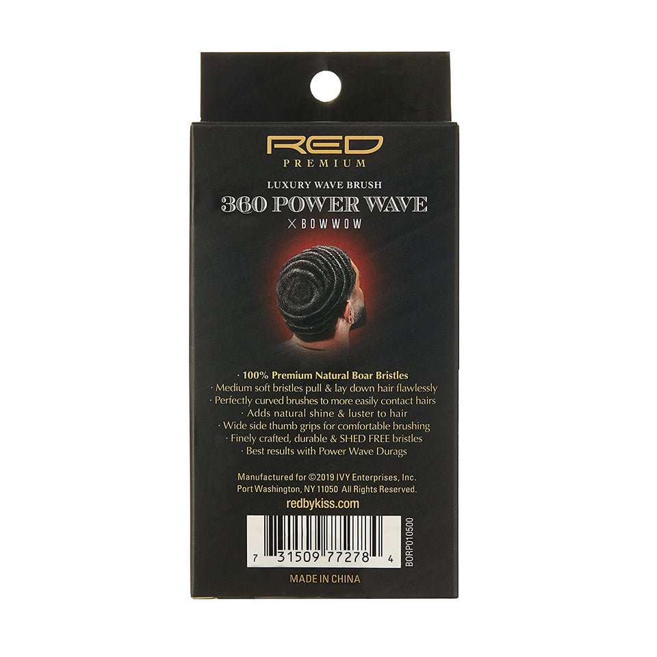 RED by KISS 360 Power Wave X Bow Wow Premium Boar Bristles 100% Natural Medium Soft (Curved Palm Brush - BORP01)