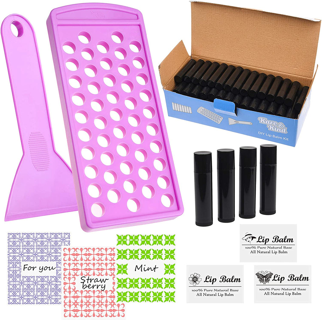 Kare & Kind Lip Balm Filling Tray Kit - 1x Filling Tray, 1x Spatula, 50x Lip Balm Tubes (Black), 50x Writable Sticker (3 colors), 50x Printed Stickers (Transparent) - DIY Homemade Lip Balm - Gift Idea