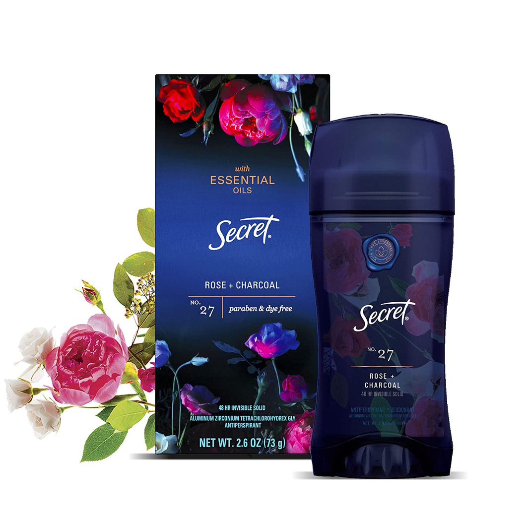 Secret Antiperspirant Deodorant for Women With Pure Essential Oils, Paraben Free, Rose & Charcoal Scent, 2.6 Oz