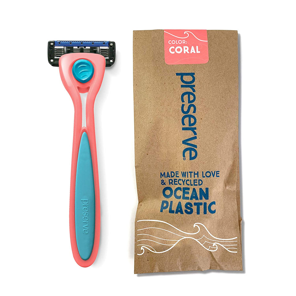 Preserve POPi Shave 5 Razor System Made with Recycled Ocean Plastic and 5-blade cartridge (Recycled Ocean Plastic: Coral Pink)