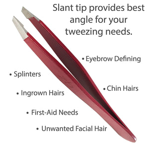 Tweezers – Surgical Grade Stainless Steel - Slant Tip for Expert Eyebrow Shaping and Facial Hair Removal – with Protective Pouch - Best Tweezer for Men and Women (Ruby Red)