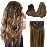 GOO GOO Remy Hair Extensions 16 Inch 7pcs 120g Chocolate Brown to Caramel Blonde Mixed Brown Balayage Thick Straight Hair Clip in Human Hair Extensions Real Hair Extensions