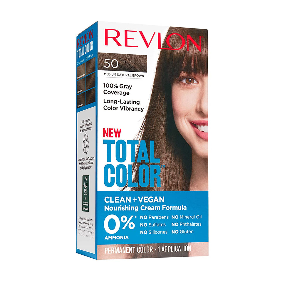Revlon Total Color Permanent Hair Color, Clean and Vegan, 100% Gray Coverage Hair Dye, 50 Medium Natural Brown, 3.5 oz