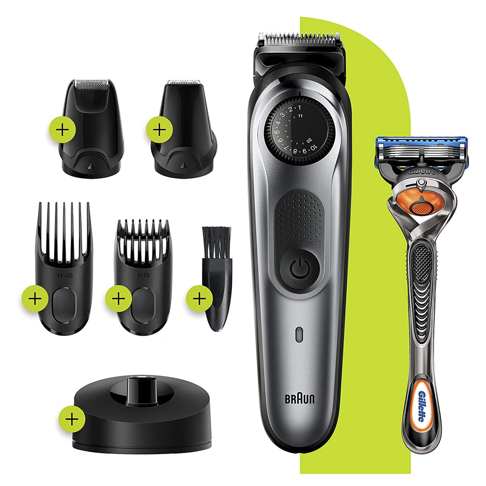 Braun Beard Detail Trimmer, Hair Clippers for Men, Cordless & Rechargeable, Mini Foil Shaver with Gillette ProGlide Razor, Silver, 10 Piece Set