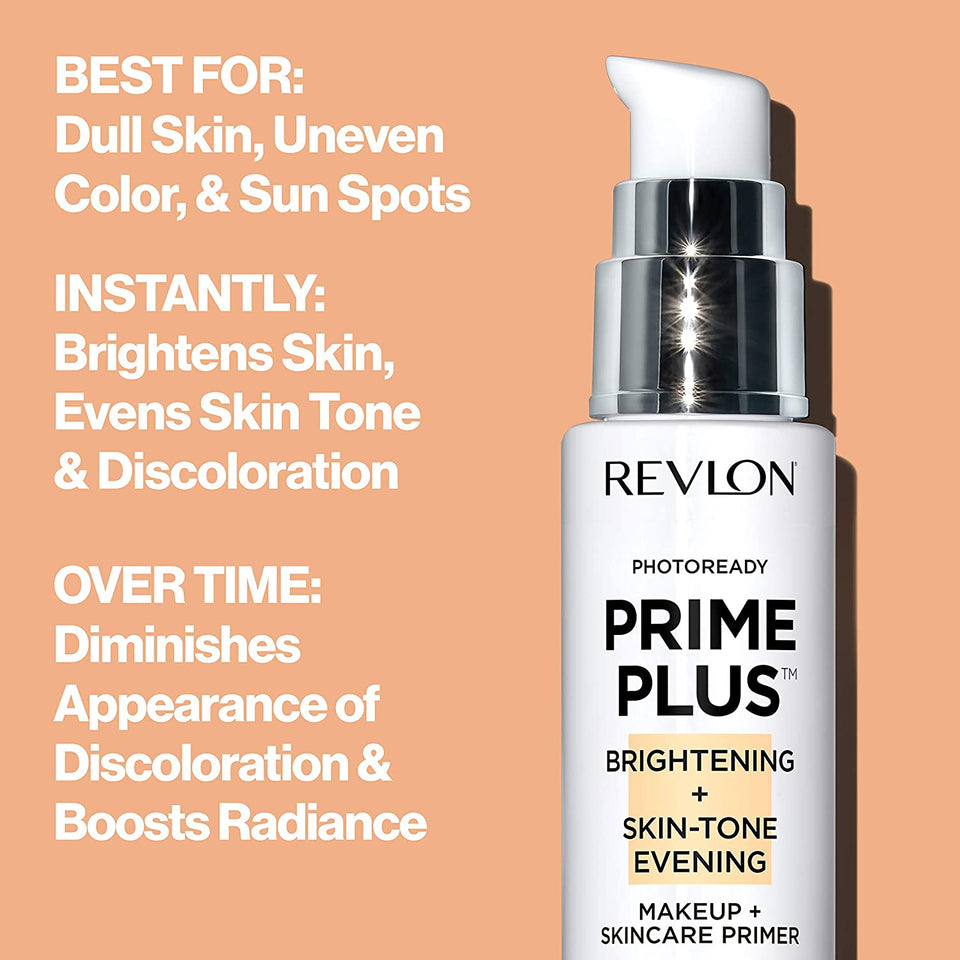 REVLON Prime Plus Makeup & Skincare Primer, Brightening and Skin-Tone Evening, Formulated with Vitamin C and Lactic Acid, 1 oz