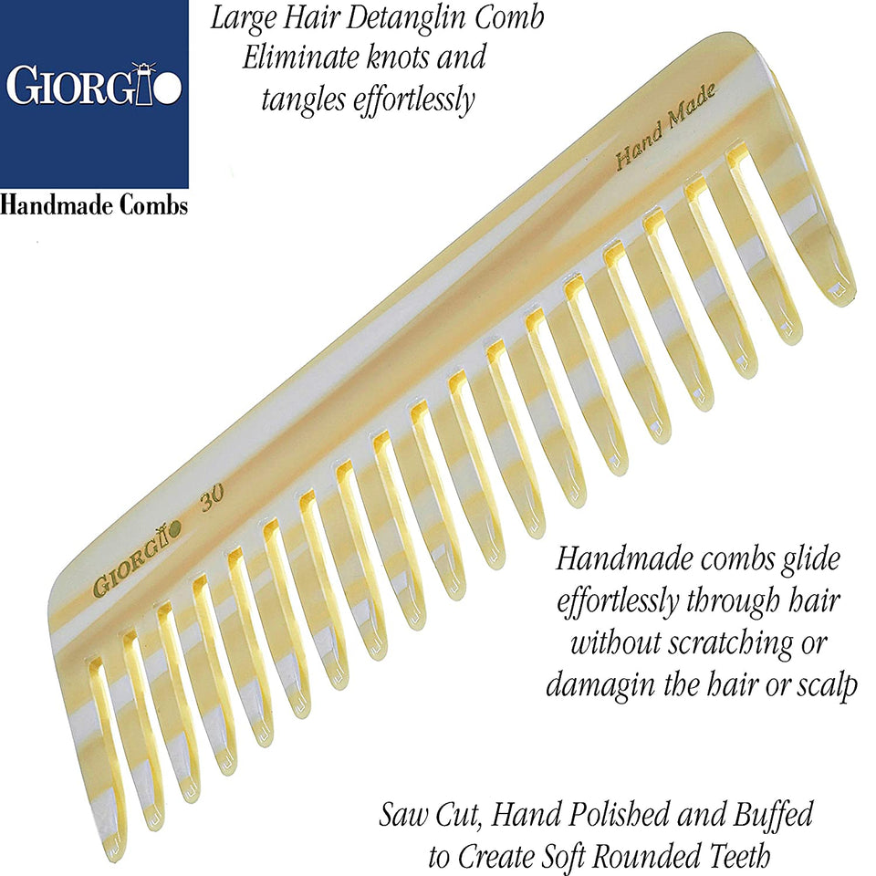 Giorgio G30 Large 5.75 Inch Hair Detangling Comb, Wide Teeth for Thick Curly Wavy Hair. Long Hair Detangler Comb For Wet and Dry. Handmade of Cellulose, Saw-Cut, Hand Polished, Ivory 2 Pack