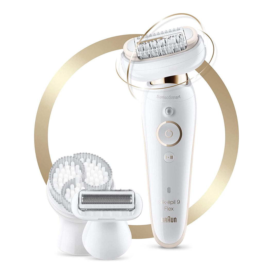 Braun Epilator for Women with Flexible Head, Silk-épil 9 9-030 for Hair Removal, Womens Shaver & Trimmer, Wet & Dry, Cordless, Rechargeable, Beauty Kit with Body Exfoliation Cap, White/Gold