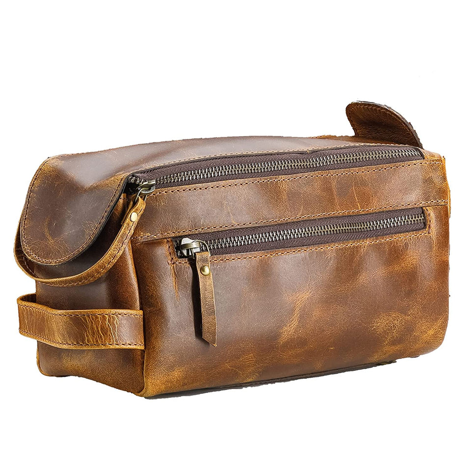 KOMALC Premium Buffalo Leather Unisex Toiletry Bag Travel Dopp Kit (Distressed Orange Tan)