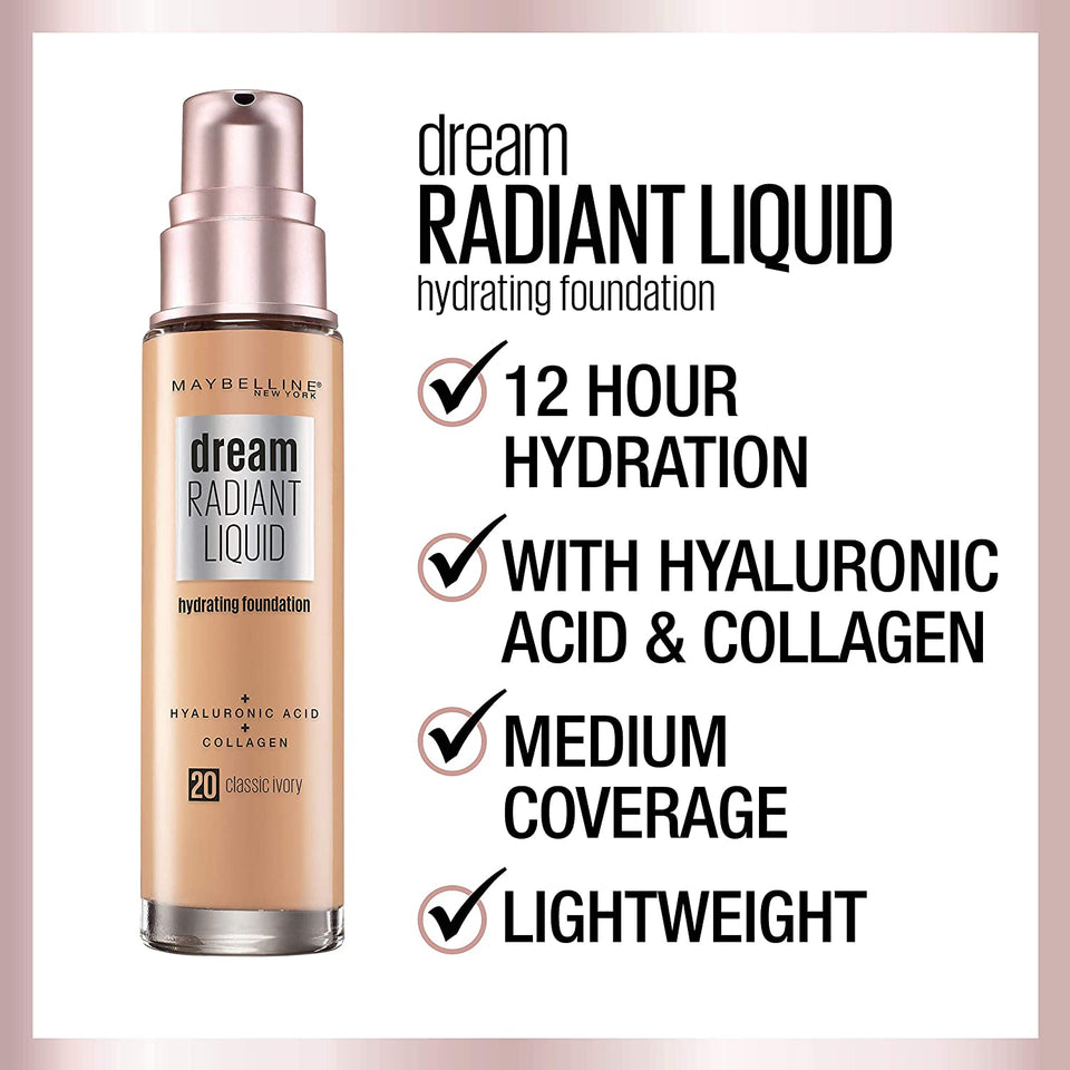 Maybelline Dream Radiant Liquid Medium Coverage Hydrating Makeup, Lightweight Liquid Foundation, Classic Ivory, 1 Fl; Oz