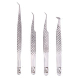 M LASH Set Of 4 Diamond Grip Eyelash Extensions Tweezers - Japanese Steel Lash Supply (Silver)