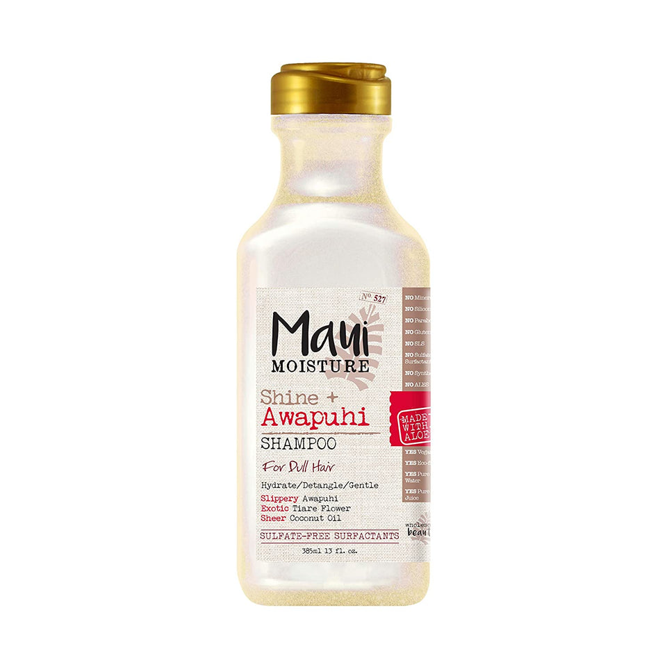 Maui Moisture Shine + Awapuhi Moisturizing Vegan Shampoo with Coconut Oils for Shiny Hair, Silicone-Free & Sulfate-Free Surfactant Aloe Shampoo to Detangle & Hydrate Dull Hair, 13 fl. Oz