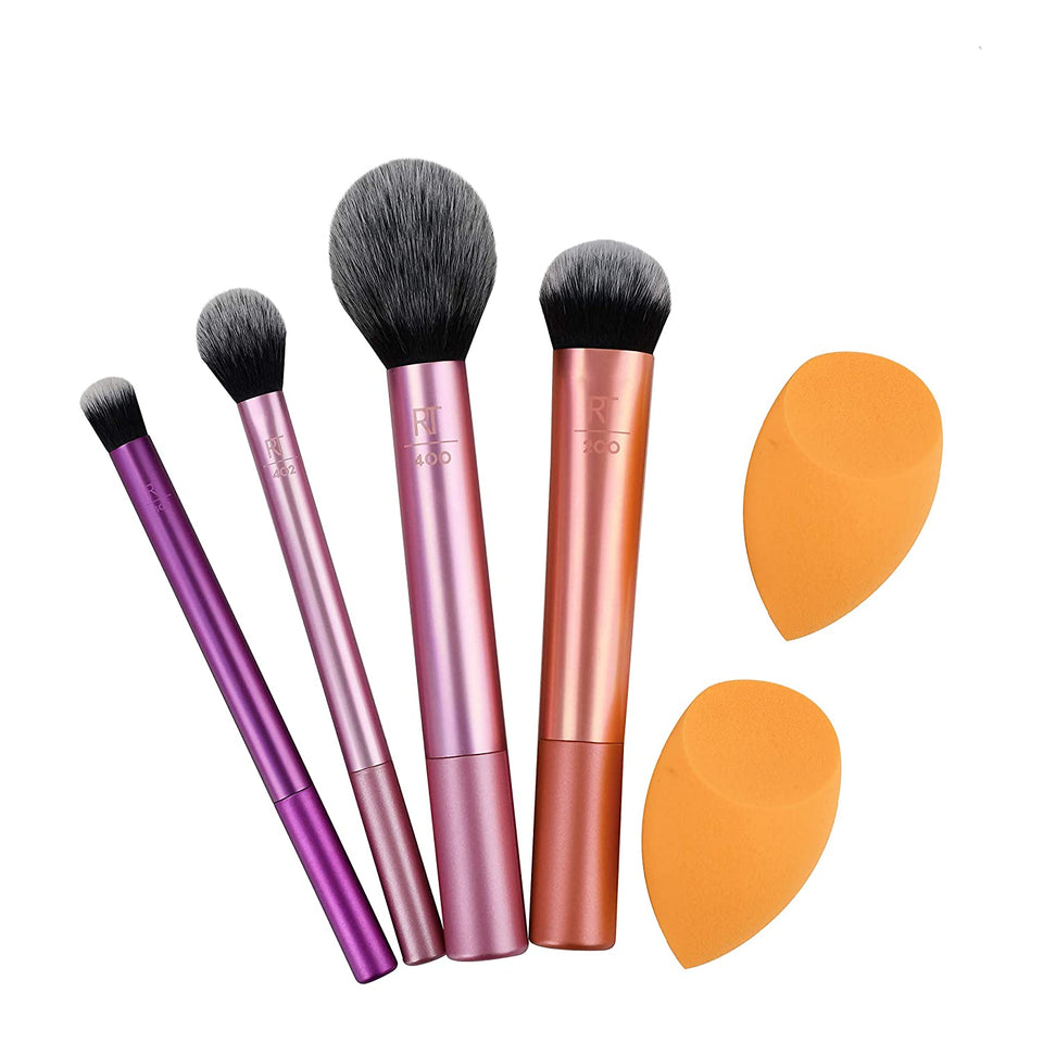 Real Techniques Makeup Brush Set with 2 Sponge Blenders for Eyeshadow, Foundation, Blush, and Concealer, 6 Piece Makeup Brush Set