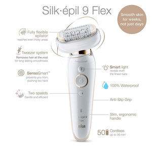 Braun Epilator Silk-épil 9 9-020 with Flexible Head, Facial Hair Removal for Women, Shaver & Trimmer, Cordless, Rechargeable, Wet & Dry, Beauty Kit with Body Massage Pad