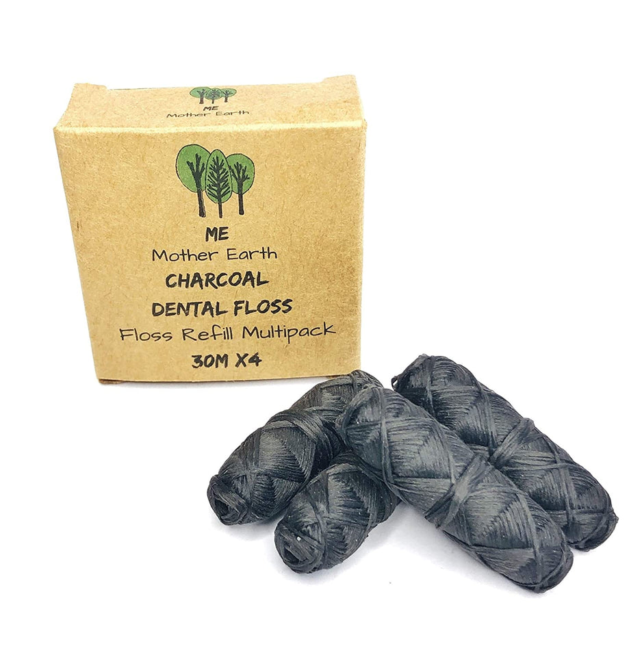 Vegan Biodegradable Bamboo Charcoal Dental Floss Refill Refill | Natural Candelilla Wax | 33yds x4 | Peppermint Essential Oil | Eco Friendly Zero Waste Oral Care | 4 Pack