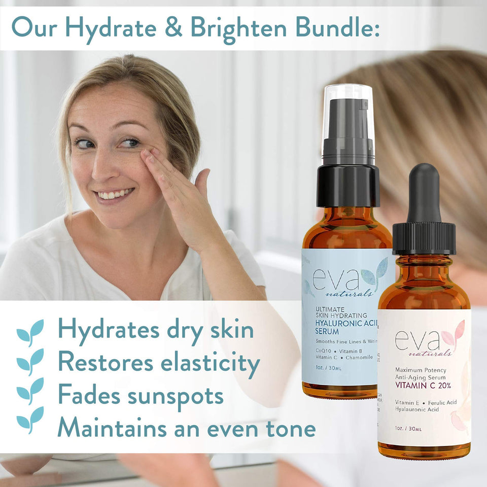 Eva Naturals Hydrate and Brighten Skincare Bundle - Includes Hyaluronic Acid Serum and 20% Vitamin C Serum - Restores Lost Moisture, Plumps Skin while Toning and Smoothing the Complexion