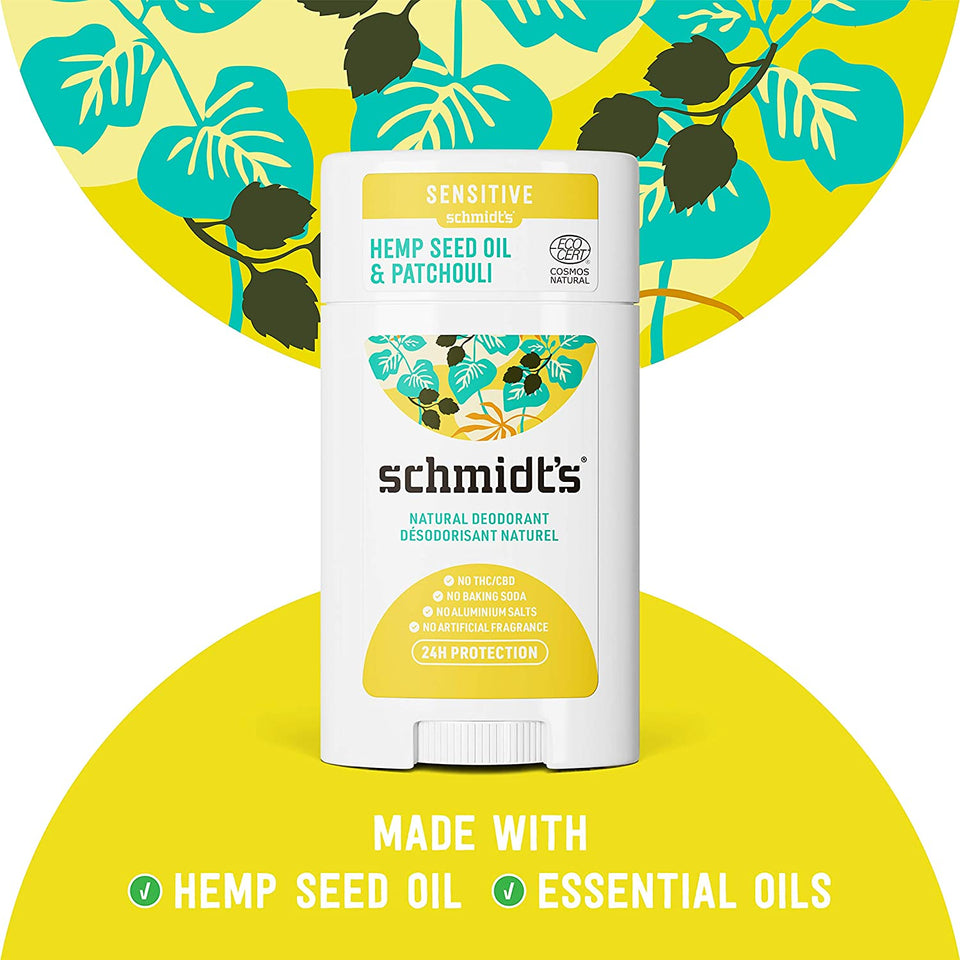 Schmidt's Aluminum Free Natural Deodorant for Women and Men, Hemp Seed Oil & Patchouli for Sensitive Skin with 24 Hour Odor Protection, Vegan, Cruelty Free 3.25 oz