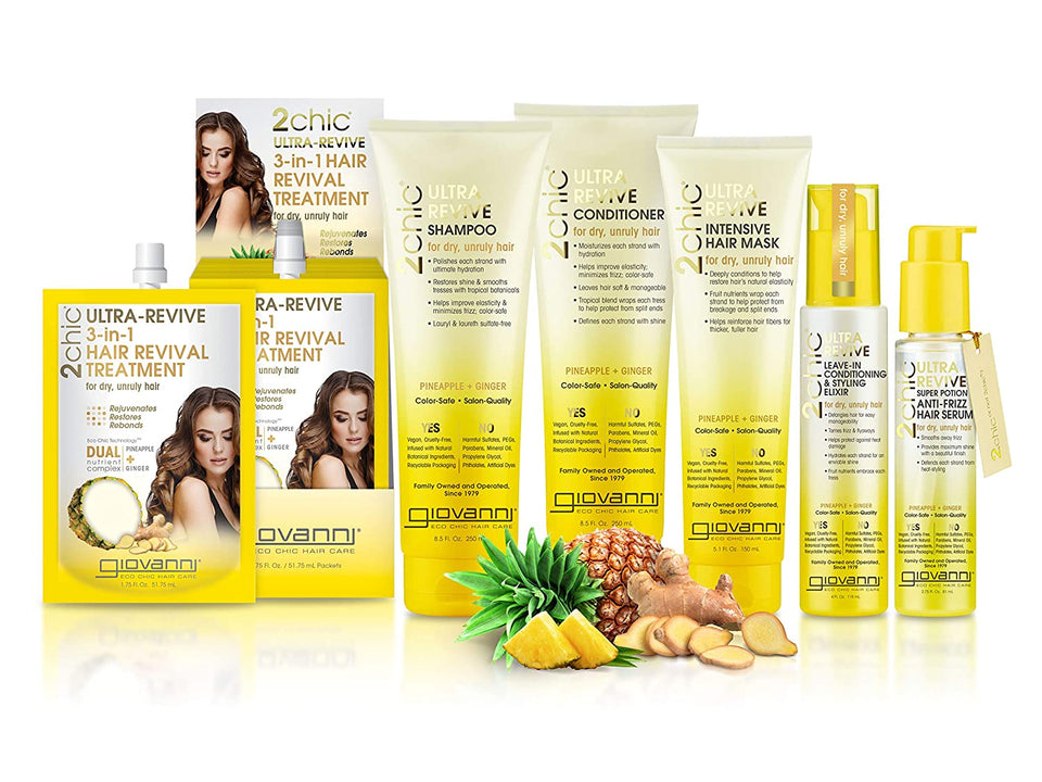 GIOVANNI 2chic Ultra Revive Shampoo & Conditioner Set, 8.5 oz. Pineapple & Ginger for Dry Unruly Hair, Enriched with Jojoba, Guava, Aloe Vera, Vitamin B5, Sulfate Free, No Parabens, Color Safe