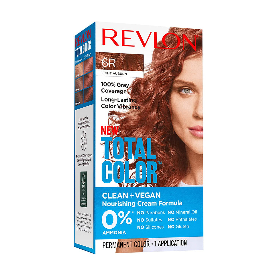 Revlon Total Color Permanent Hair Color, Clean and Vegan, 100% Gray Coverage Hair Dye, 6R Light Auburn, 3.5 oz