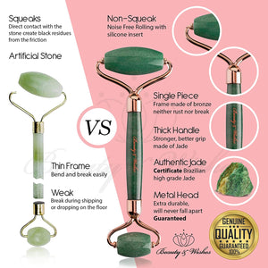 Jade Roller and Gua Sha Face Luxury Anti Aging Tool Set with Countertop Stand – Grade A – Authentic Brazilian Stone Facial Massager for Wrinkles - Non-Squeak by Beauty & Wishes (Aventurine)