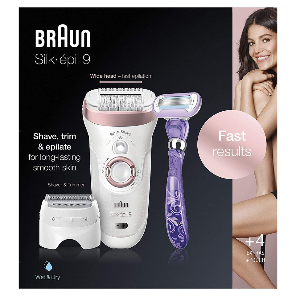 Braun Epilator Silk-épil 9 9-870, Facial Hair Removal for Women, Wet & Dry, Women Shaver & Trimmer, Cordless, Rechargeable, with Venus Extra Smooth Razor
