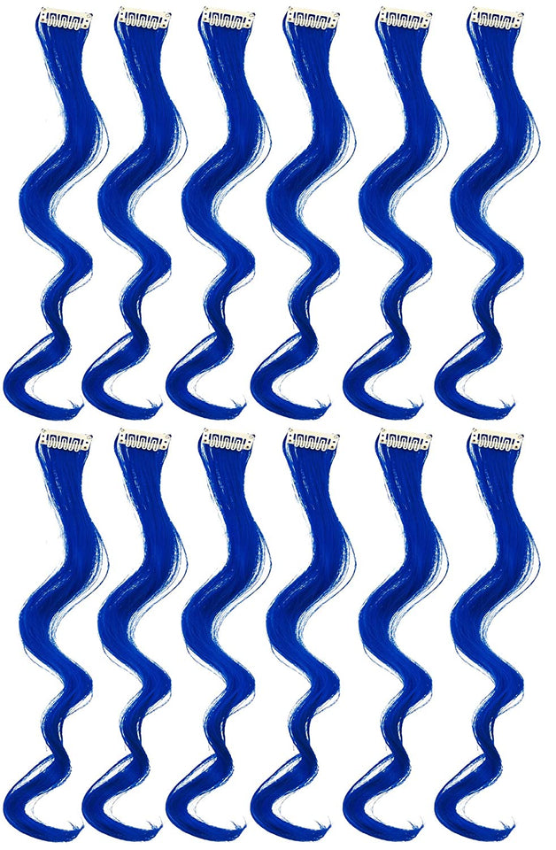 SWACC 12 Pcs Curly Wavy One Color Party Highlights Clip on in Hair Extensions Colored Hair Streak Synthetic Hairpieces (Blue)