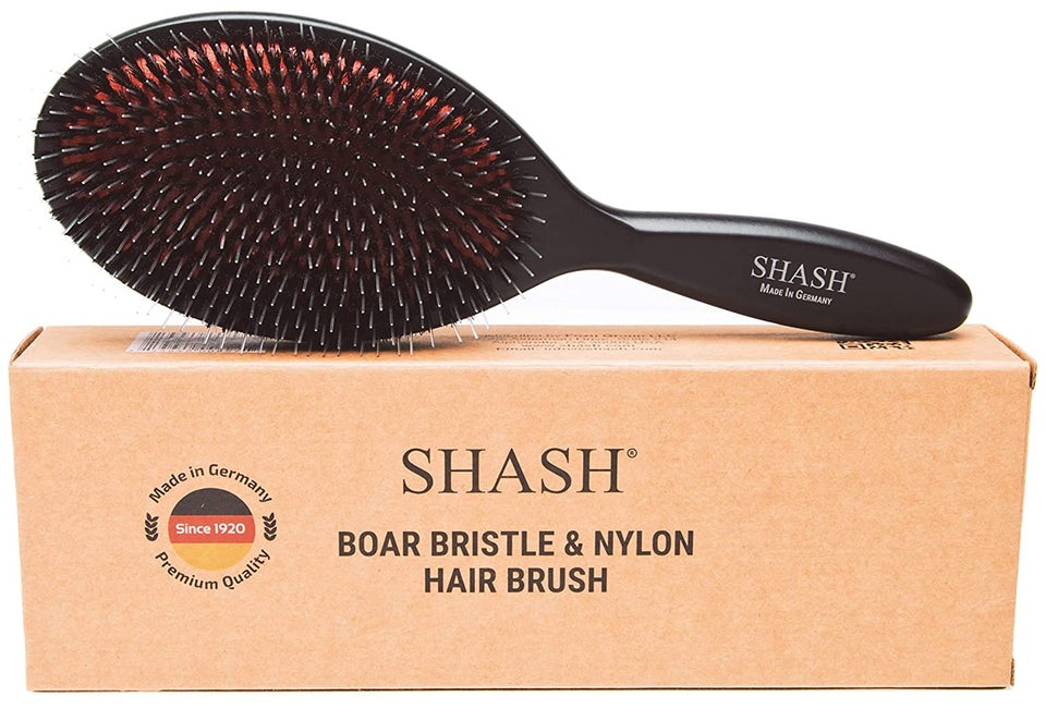Made In Germany - SHASH Nylon Boar Bristle Brush Suitable For Normal to Thick Hair - Gently Detangles, No Pulling or Split Ends - Softens and Improves Hair Texture, Stimulates Scalp (Large)