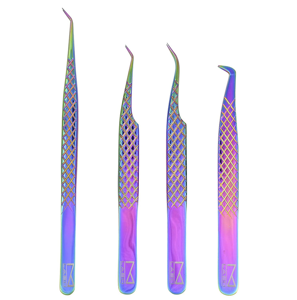 M LASH Set Of 4 Diamond Grip Eyelash Extensions Tweezers - Japanese Steel Lash Supply (Multi-Color)