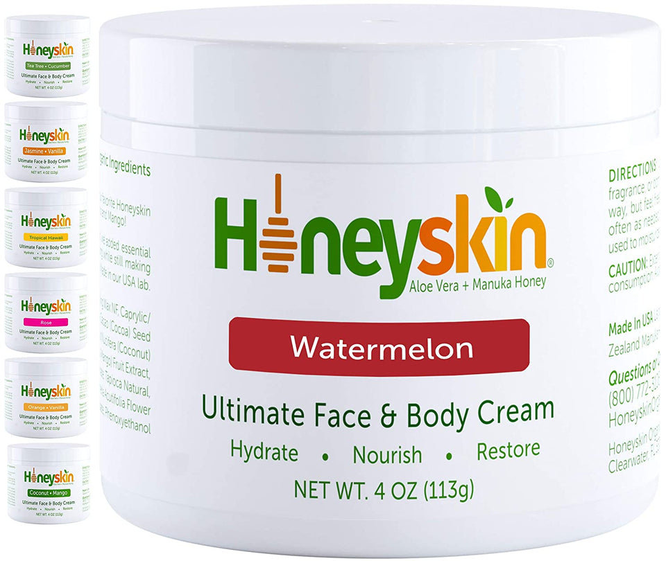 Hydrating Manuka Honey Face and Body Moisturizer Cream - Natural Facial Skin Care With Deep Hydrating Ingredients - for Dry Craked Skin - With Aloe and Hydration Oils - Natural Watermelon Scent (4oz)