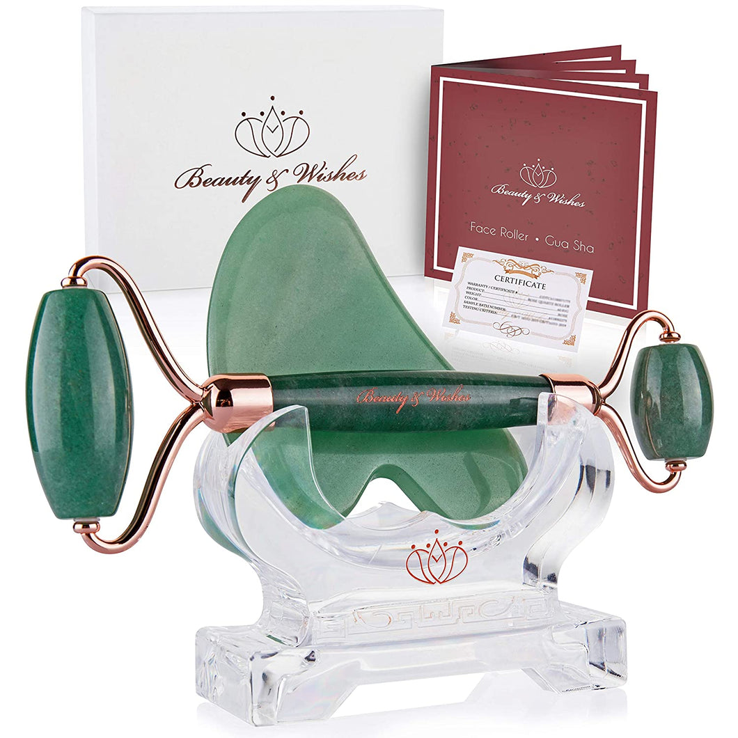 Jade Roller and Gua Sha Face Luxury Anti Aging Tool Set with Countertop Stand – Grade A – Authentic Brazilian Stone Facial Massager for Wrinkles - Non-Squeak by Beauty & Wishes (Aventurine)