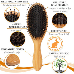 Premium Boar Bristle Hair Brush for Men Set.Styling Mens' Hair Brush with Nylon Pins. Boar Bristle Brush, 2 x Palm Brush, Wooden Comb & Travel Bag Included.