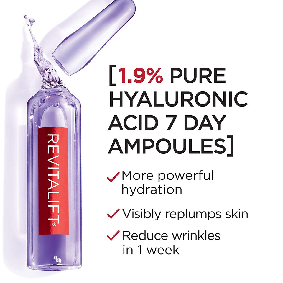 L'Oreal Paris Revitalift Derm Intensives Hyaluronic Acid Serum Ampoules 7 Day Boost Pure Hyaluronic Acid Anti-Aging Ampoules to visibly replump skin in 7 days, 7 Ampoules, 0.28 fl; oz.