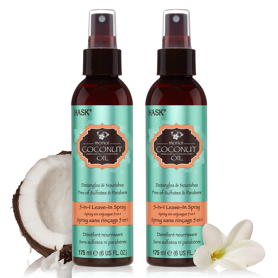 HASK Nourishing COCONUT MONOI 5-in-1 Leave In Conditioner Spray for all hair types, color safe, gluten free, sulfate free, paraben free - COCONUT MONOI 2 PIECE SET