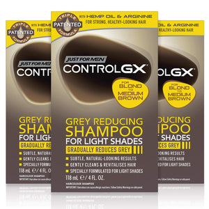 Just for Men Control GX Grey Reducing Shampoo for Lighter Shades of Hair, Blonde to Medium Brown, Gradual Hair Color, 4 Fl Oz - Pack of 3 (Packaging May Vary)