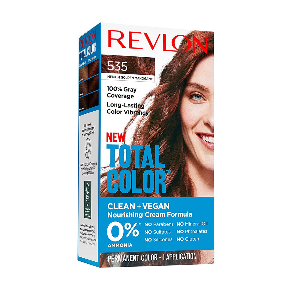 Revlon Total Color Permanent Hair Color, Clean and Vegan, 100% Gray Coverage Hair Dye, 535 Medium Golden Mahogany, 3.5 oz