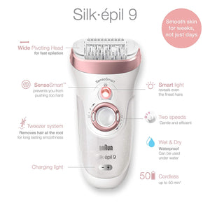 Braun Epilator Silk-épil 9 9-870, Facial Hair Removal for Women, Wet & Dry, Women Shaver & Trimmer, Cordless, Rechargeable, with Venus Extra Smooth Razor