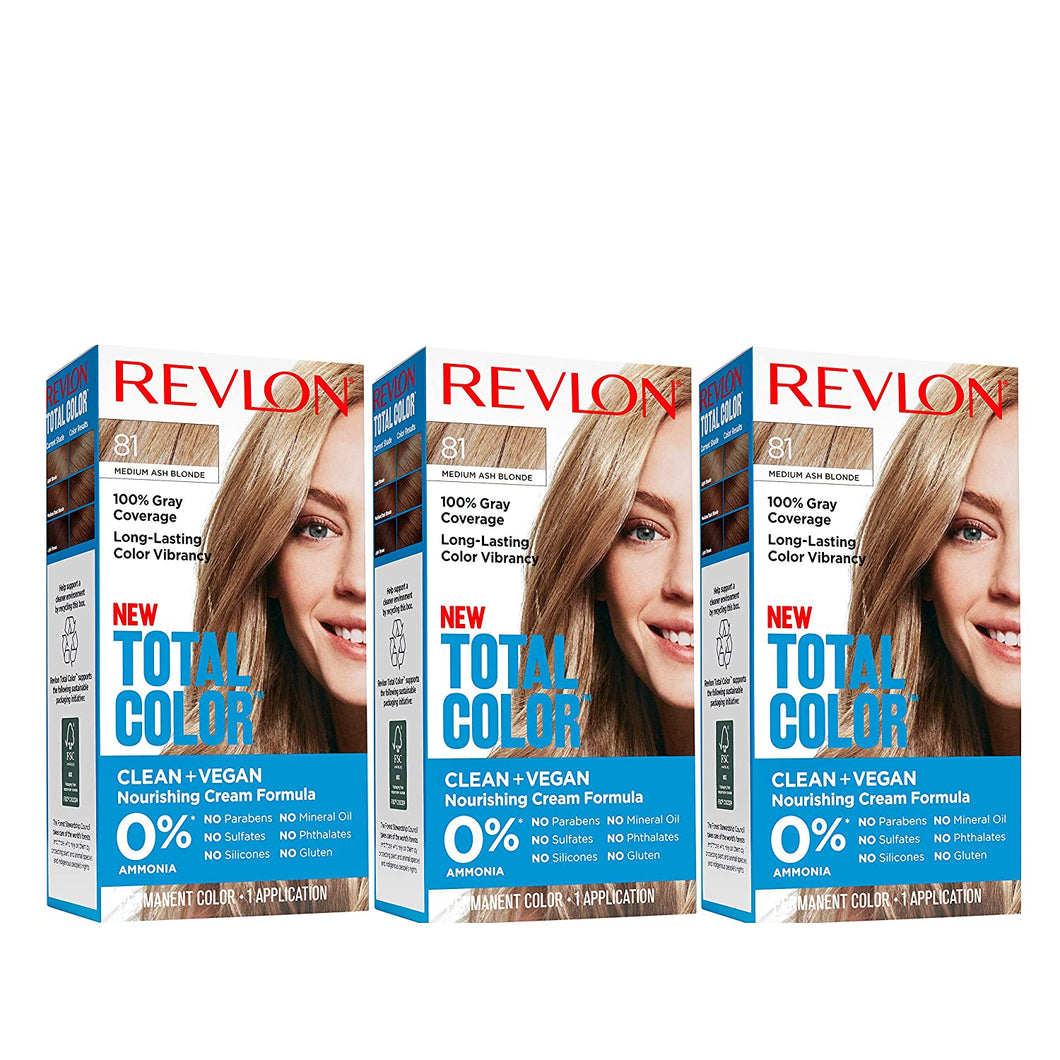 REVLON Total Color Permanent Hair Color, Clean and Vegan, 100% Gray Coverage Hair Dye, 81 Medium Ash Blonde, 10.2 oz (Pack of 3)