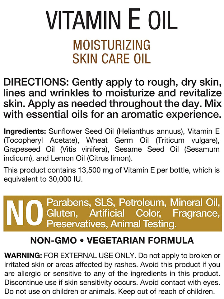 Vitamin E Oil 30,000 IU | 4 fl oz | 100% Pure Oils | Moisturizing Oil for Skin and Face | Non-GMO, Vegetarian | By Coera