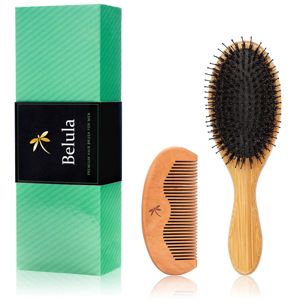 Premium Boar Bristle Hair Brush for Men Set.Styling Mens' Hair Brush with Nylon Pins. Boar Bristle Brush, 2 x Palm Brush, Wooden Comb & Travel Bag Included.