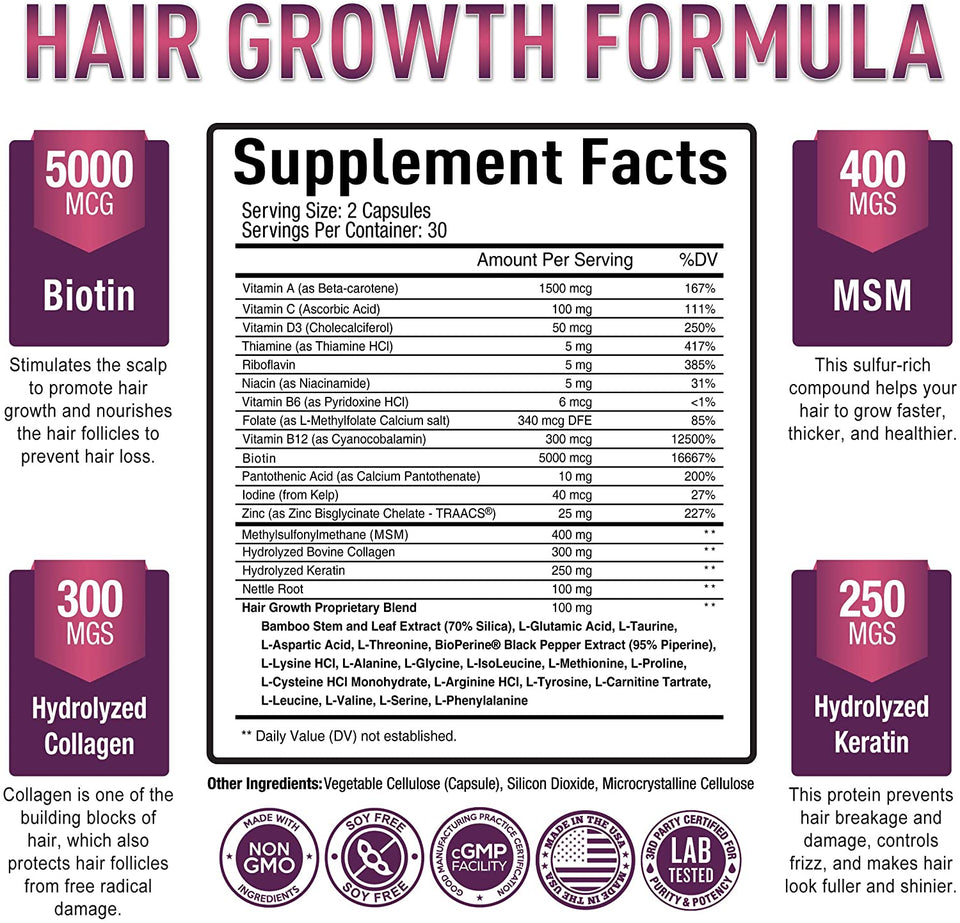 Premium Hair Growth for Women & Men - Hair Growth Vitamins w/ Biotin & Keratin - Prevents Hair Loss & Thinning, Supports Thicker Healthier Hair Growth - Supplement for All Hair Types, 60 Capsules