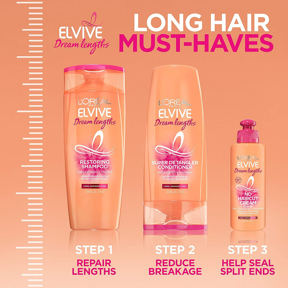 L'Oreal Paris Elvive Dream Lengths Restoring Shampoo with Fine Castor Oil and Vitamins B3 and B5 for Long, Damaged Hair, Visibly Repairs Damage Without Weighdown With System, 12.6 Fl; Oz